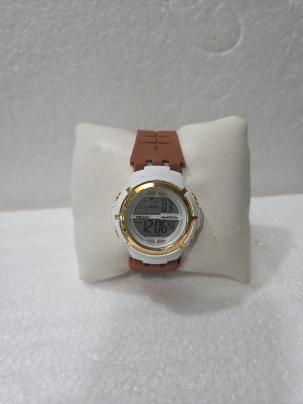 Armitron White Case Digital Watch with Brown Strap and Gold Accents